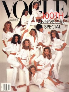Christy Turlington, Linda Evangelista, Cindy Crawford, Karen Mulder, Elaine Irwin, Niki Taylor, Yasmeen Ghauri, Claudia Schiffer, Naomi Campbell & Tatjana Patitz photographed by Patrick Demarchelier for Vogue, April 1992